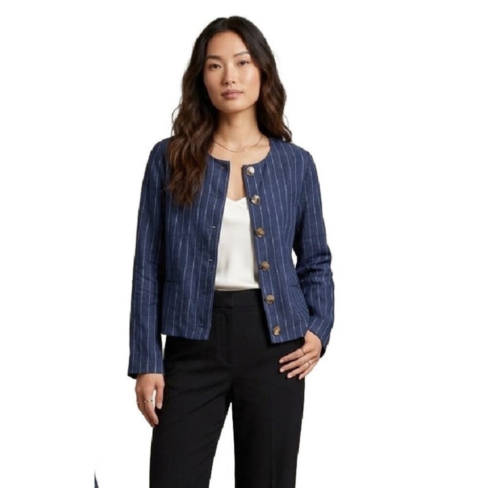 HALSTON Navy Pinstripe Collarless 100% Linen Crop Blazer Jacket Medium